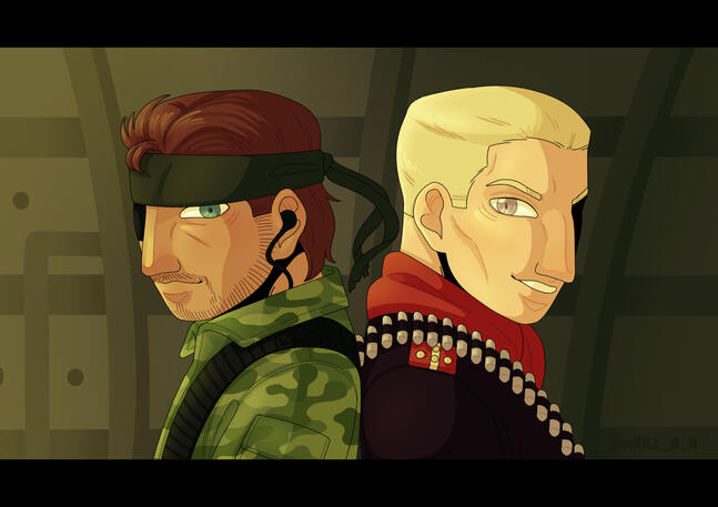 Digital illustration of Snake and Ocelot from Metal Gear Solid 3 Snake Eater. It's a redraw of a moment before their final gun-off in the plane, where they're standing back to back and tilting their heads to look at each other.