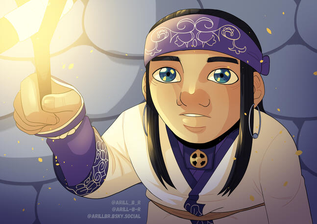 Digital illustration of Asirpa from Golden Kamuy. She's looking up, with a torch in her hand and light in her eyes as gold dust falls.