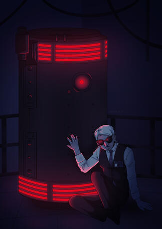 Digital illustration of Strangelove from Metal Gear Solid, sitting on the floor by the Mammal Pod, housing The Boss's AI, with a tear straming down her face and a hand resting on the pod. The drawing is dark, but there is a red light coming from certain pa