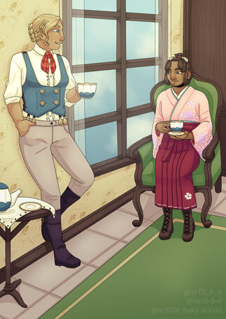 Digital illustration of Gina and Susato from The Great Ace Attorney. They're in a room with yellow wallpaper and a green carpet. Gina is standing and she's without her coat, while Susato is sitting on an armchair. They're both drinking tea and the teacup c