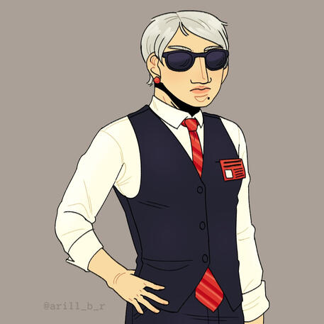 Digital half body drawing of Strangelove from Metal Gear Solid. She's standing with a hand on her hip and a slight frown.