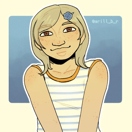 Digital coloured half-body sketch of Sunny Emmerich from Metal Gear Solid, especifically her MGRR design, consisting of shoulder lenght hair with a blue flower hairclip and a white striped shirt with orange hems. She's smiling, tilting her head slightly wh