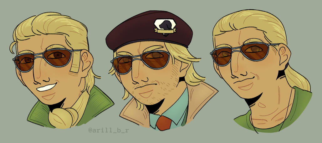 Three portraits of Kazuhira Miller from Metal Gear Solid at different points of his life. The first one uses his Peacewalker design, he's smiling with his mouth open. The second one uses his Phantom Pain design, he's frowning. The third one uses his MGS1 d