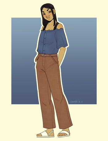 Digital coloured sketch of Haruna from DOGSRED. She's standing with her hands on her back and smiling. She's wearing a loose, shoulderless blue blouse with a sleeveless black top below it, wide brown pants held with a belt of the same colour and white sand