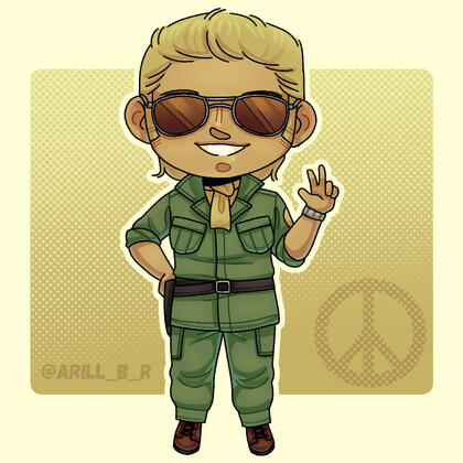 Chibi drawing of Kazuhira Miller from Metal Gear Solid, specifically his Peacewalker design. He's making a peace sign.