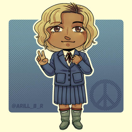 Chibi drawing of Paz Ortega Andrare from Metal Gear Solid. She's making a peace sign.
